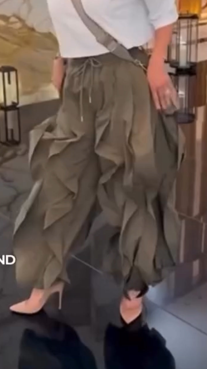 Wavy Oversized Wide Leg Ruffle Drawstring Elastic Waist Jogger Pants