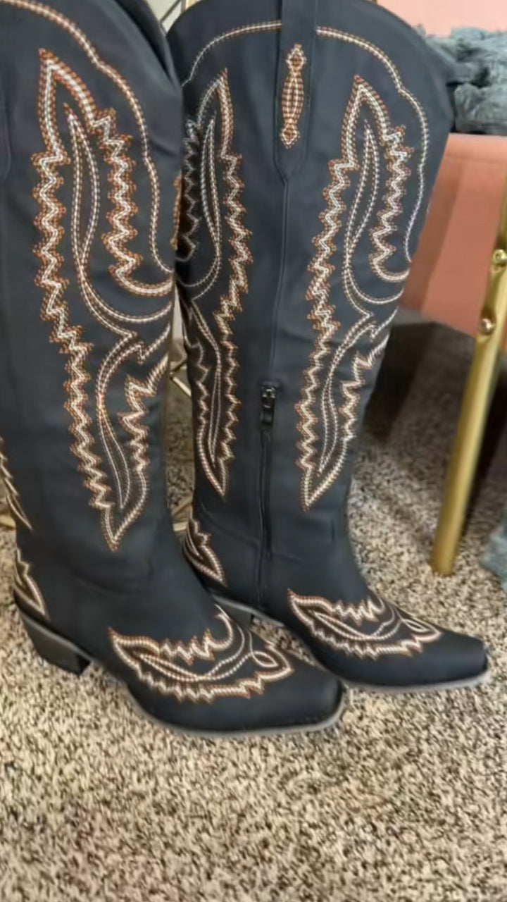 Knee High Western Boots With Classic Embroidered Chunky Heel