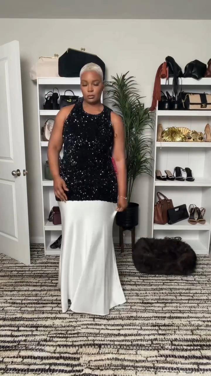 layered bead-embellished mesh and crepe gown