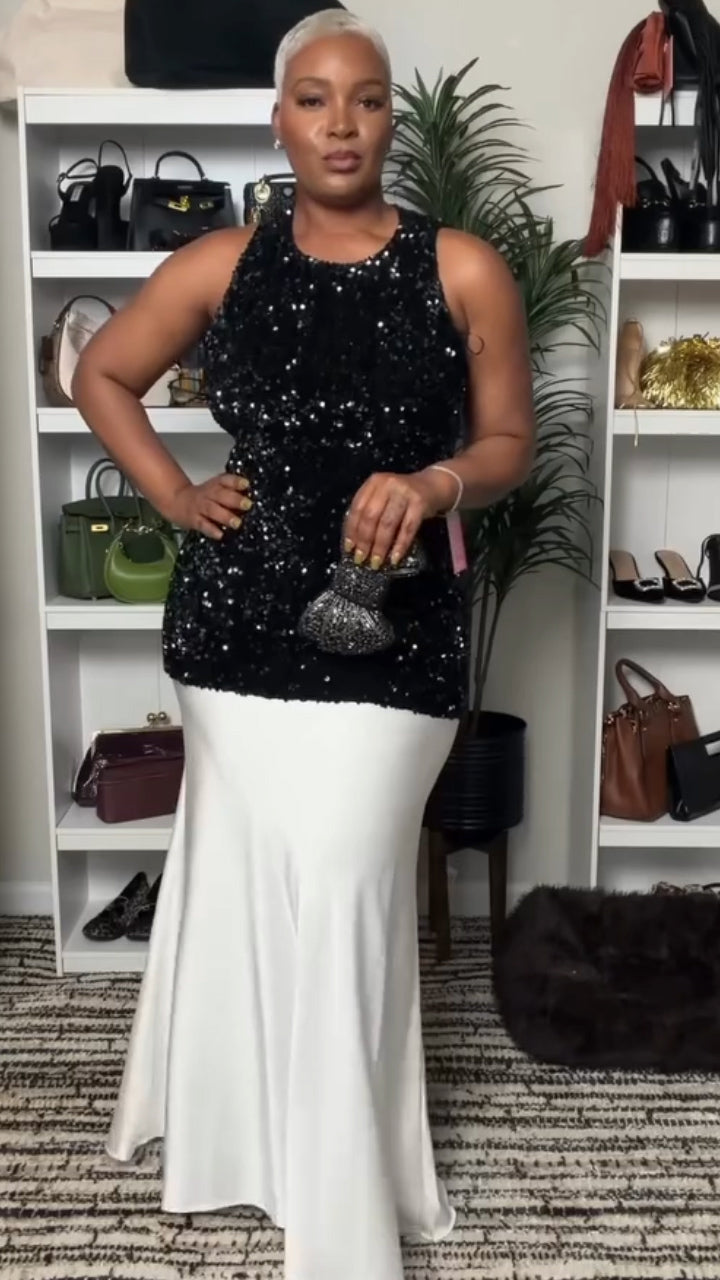 layered bead-embellished mesh and crepe gown