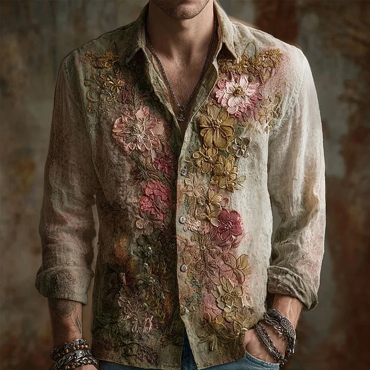 Vintage Floral Embroidered Gradient Cozy Linen Shirt