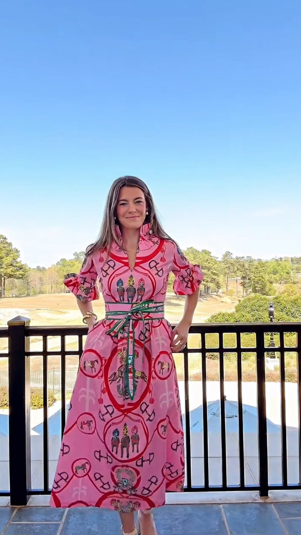 Pink Equestrian Horse Print Ruffle Sleeve Belted Midi Shirt Dress