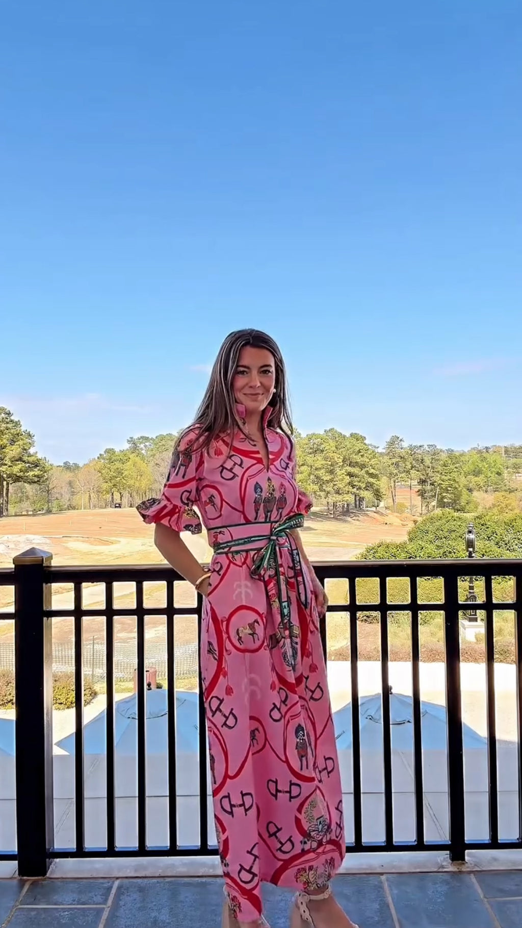 Pink Equestrian Horse Print Ruffle Sleeve Belted Midi Shirt Dress