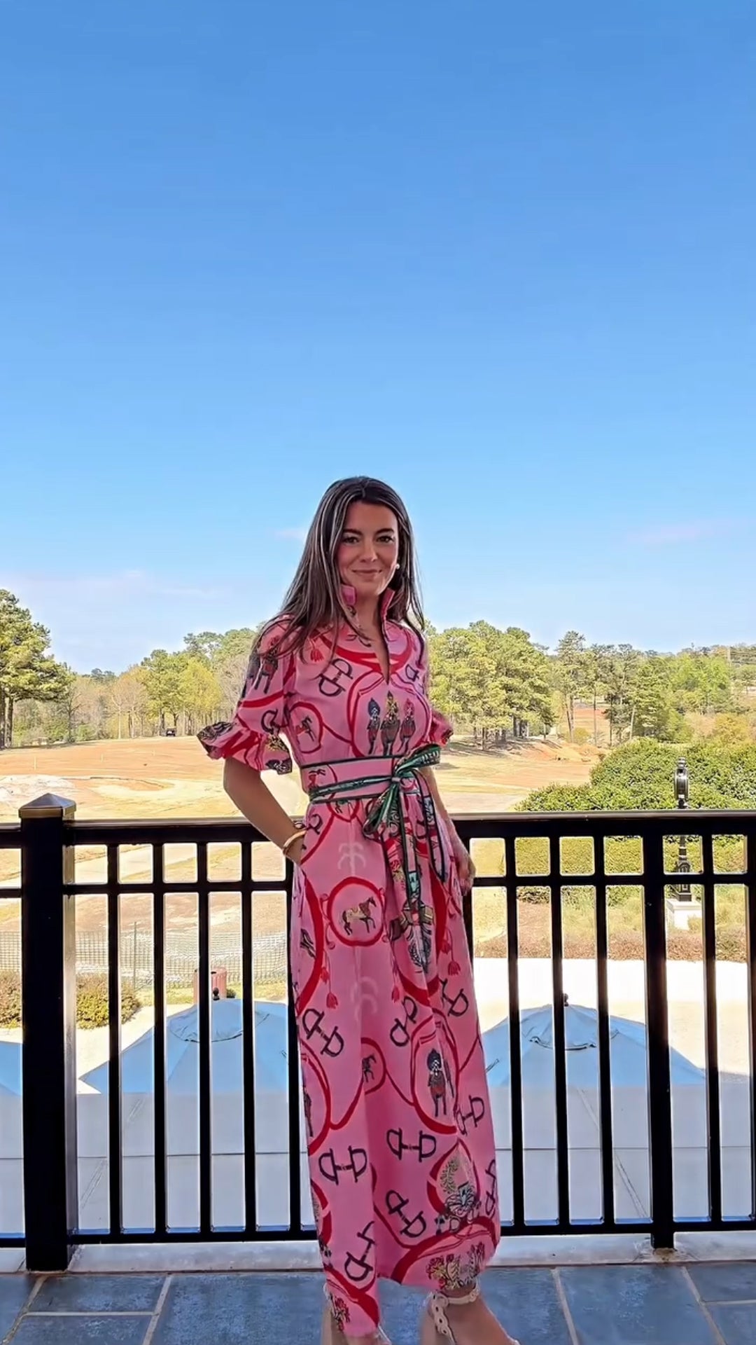 Pink Equestrian Horse Print Ruffle Sleeve Belted Midi Shirt Dress
