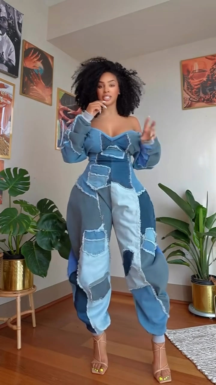 COMFY COZY JUMPSUIT IN DENIM PATCHWORK