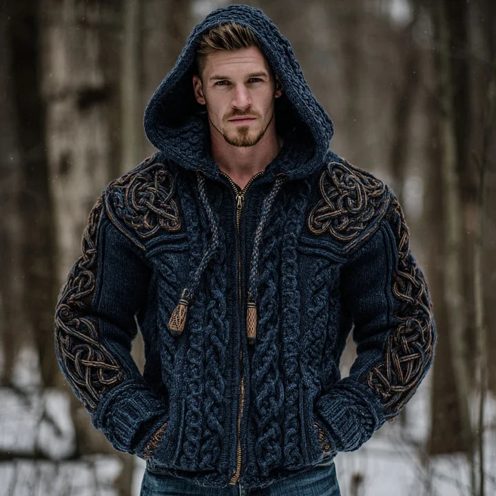 Men's Vintage Viking Celtic Knot Art Chunky Knit Hooded Zip-up Sweater