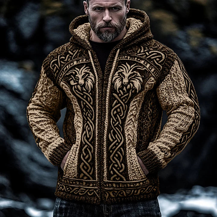 Men's Viking Wolf Style Celtic Thick Zip Hooded Sweater