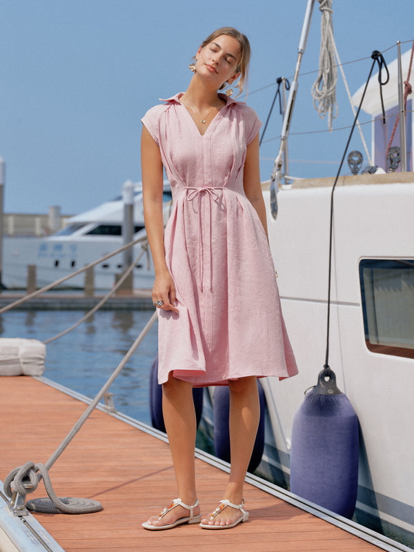 Viscose-Linen Collared V-neck Midi Dress with Drawstring