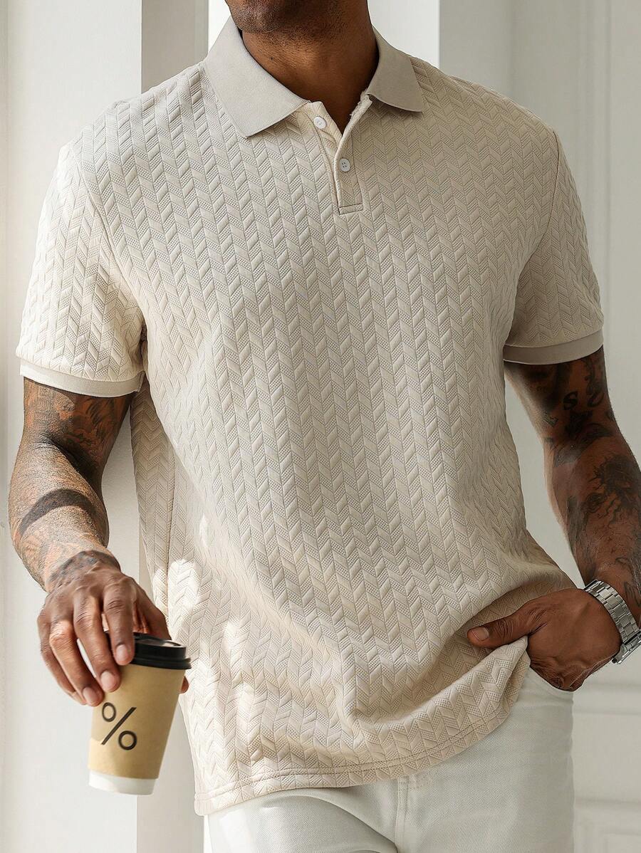 Men's Beige Geometric Diamond-Textured Jacquard Knit Short-Sleeve Polo Shirt