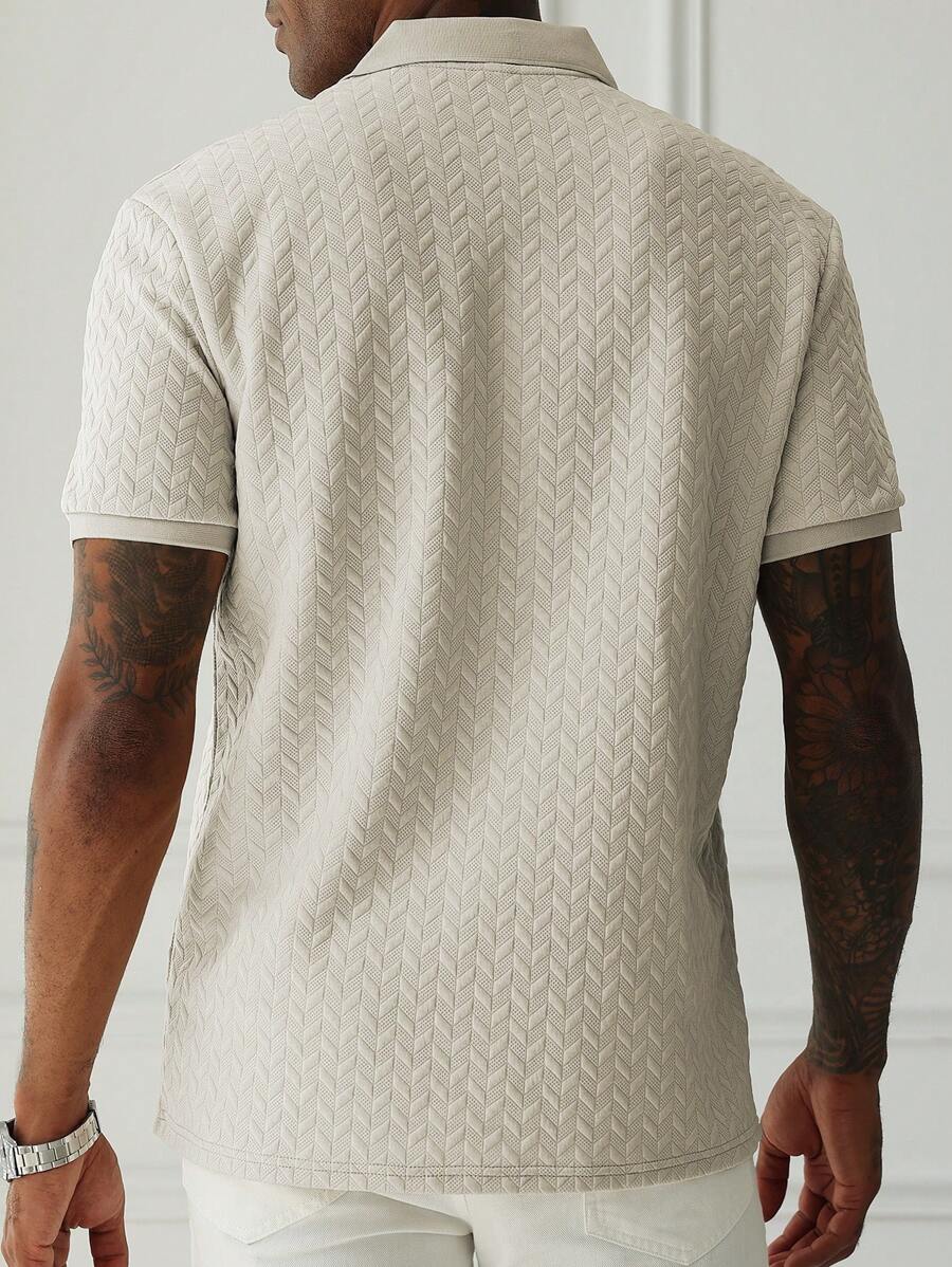 Men's Beige Geometric Diamond-Textured Jacquard Knit Short-Sleeve Polo Shirt