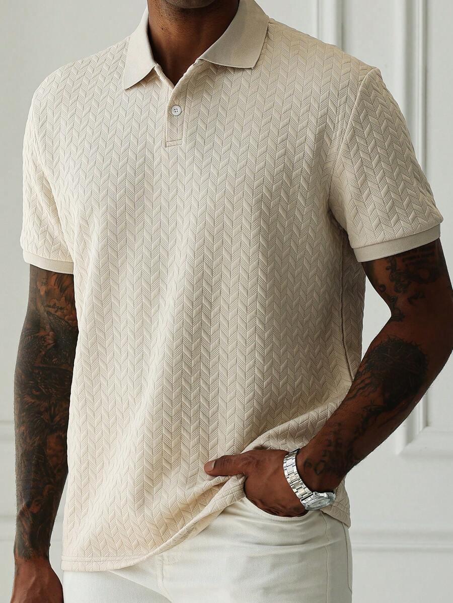 Men's Beige Geometric Diamond-Textured Jacquard Knit Short-Sleeve Polo Shirt
