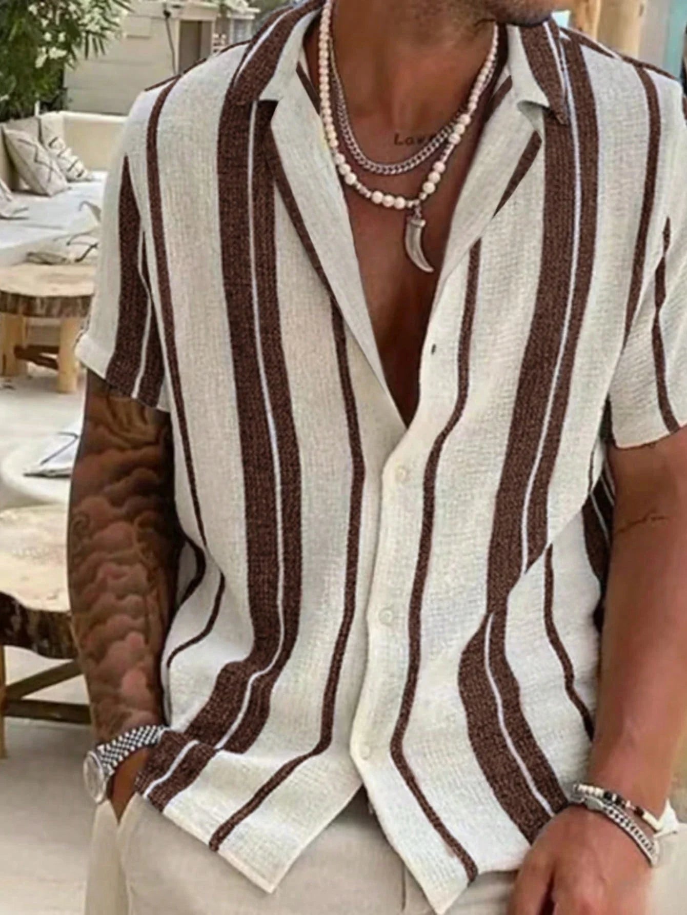 Men's Casual Relaxed Summer Beach Striped Colorblock Shirt