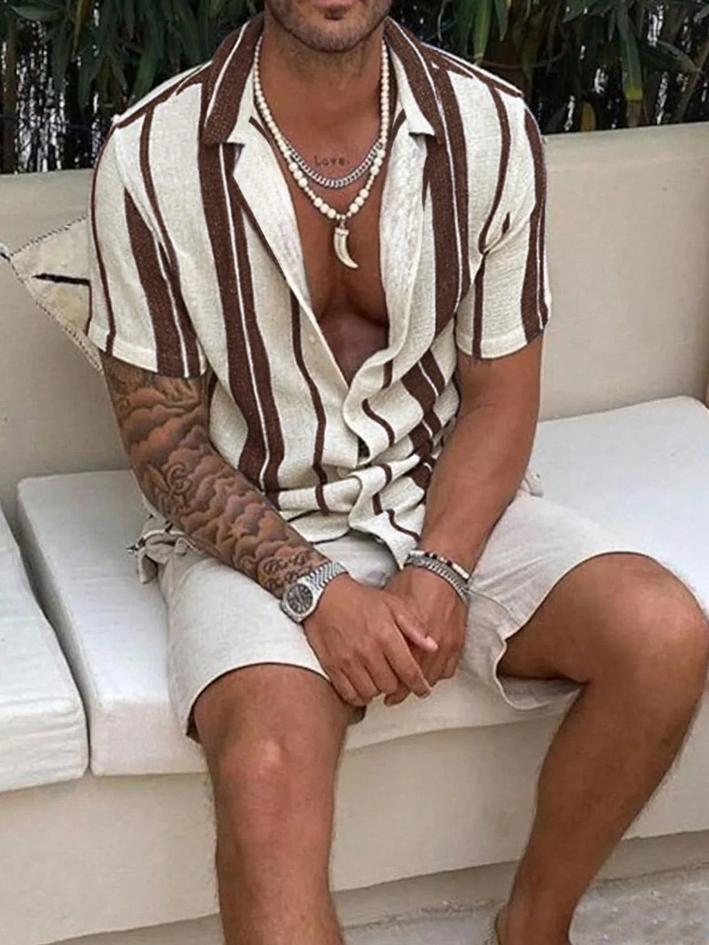 Men's Casual Relaxed Summer Beach Striped Colorblock Shirt