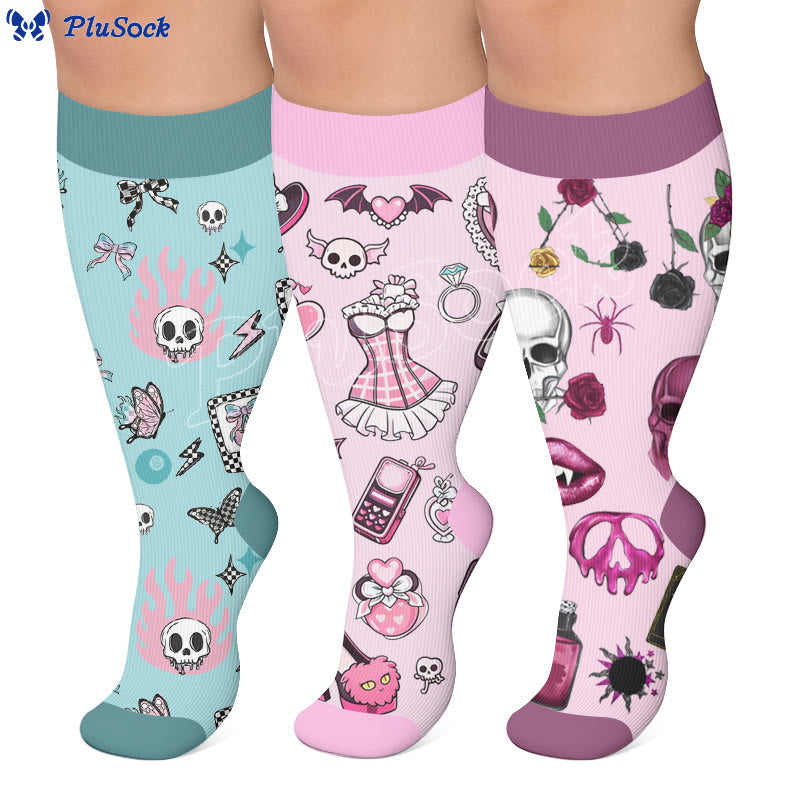 Plusock Plus Size Pink Skull Compression Socks