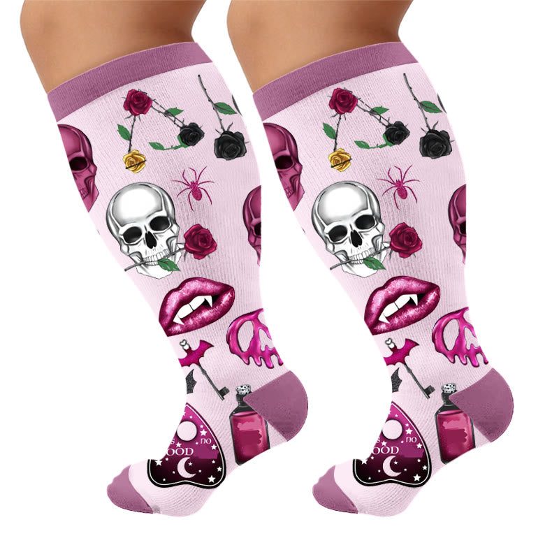 Plusock Plus Size Pink Skull Compression Socks