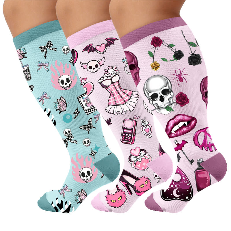 Plusock Plus Size Pink Skull Compression Socks