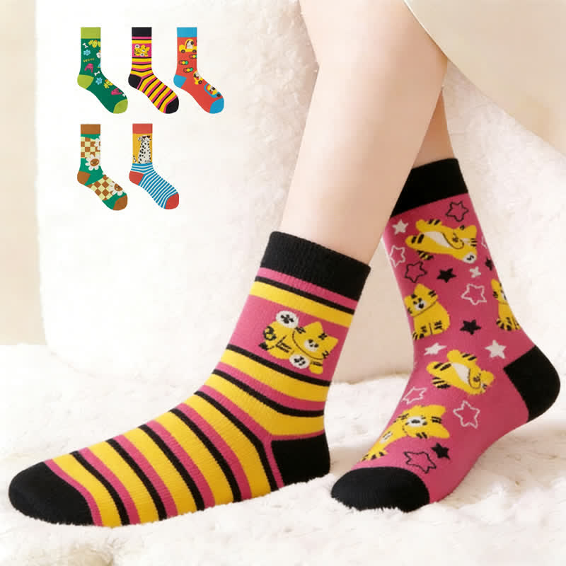 Plusock Colorful Cartoon Striped Quarter Socks(5 Pairs)