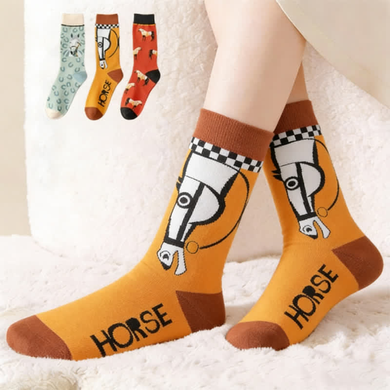Plusock Cartoon Horse Quarter Socks(3 Pairs)