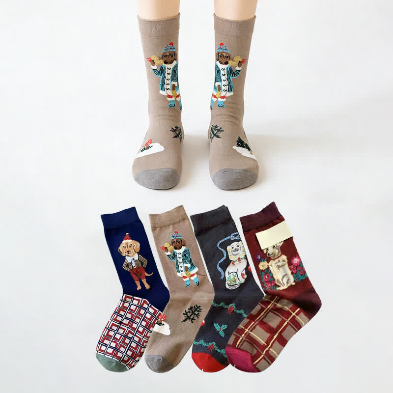 Plusock Retro Cute Dog Quarter Socks(4 Pairs)