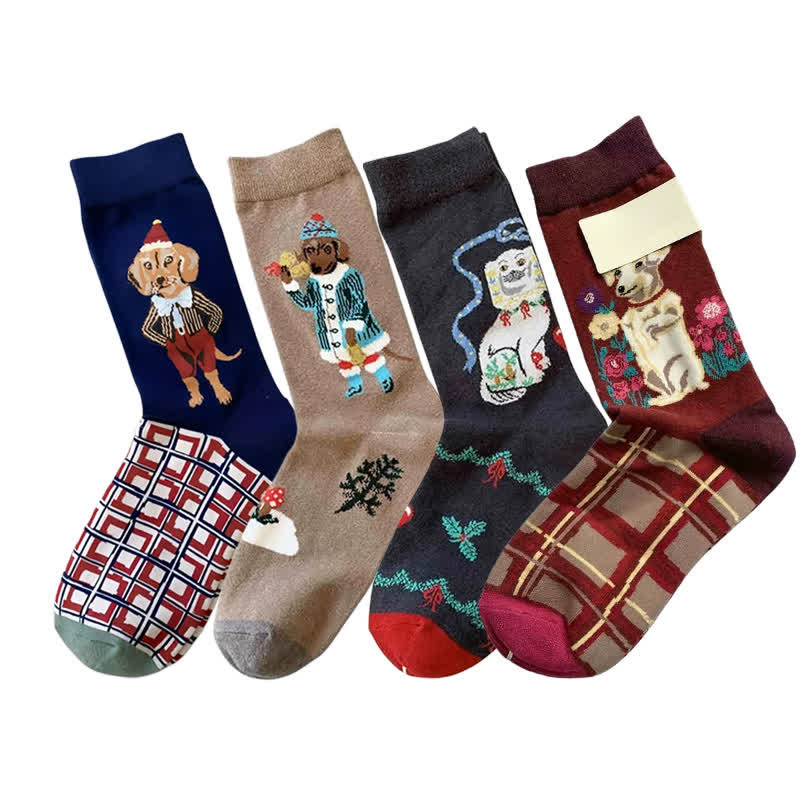 Plusock Retro Cute Dog Quarter Socks(4 Pairs)