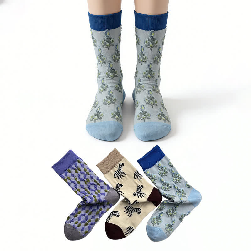 Plusock Lattice Zebra Flower Quarter Socks(3 Pairs)
