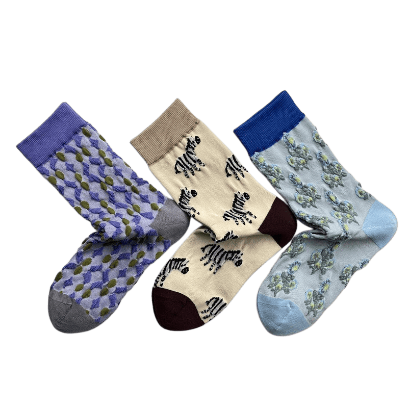 Plusock Lattice Zebra Flower Quarter Socks(3 Pairs)