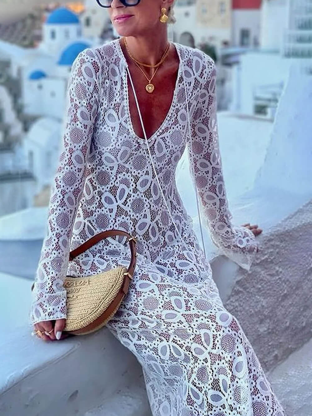 Santorini Sunset Floral Lace Long Sleeve Slit Vacation Maxi Dress