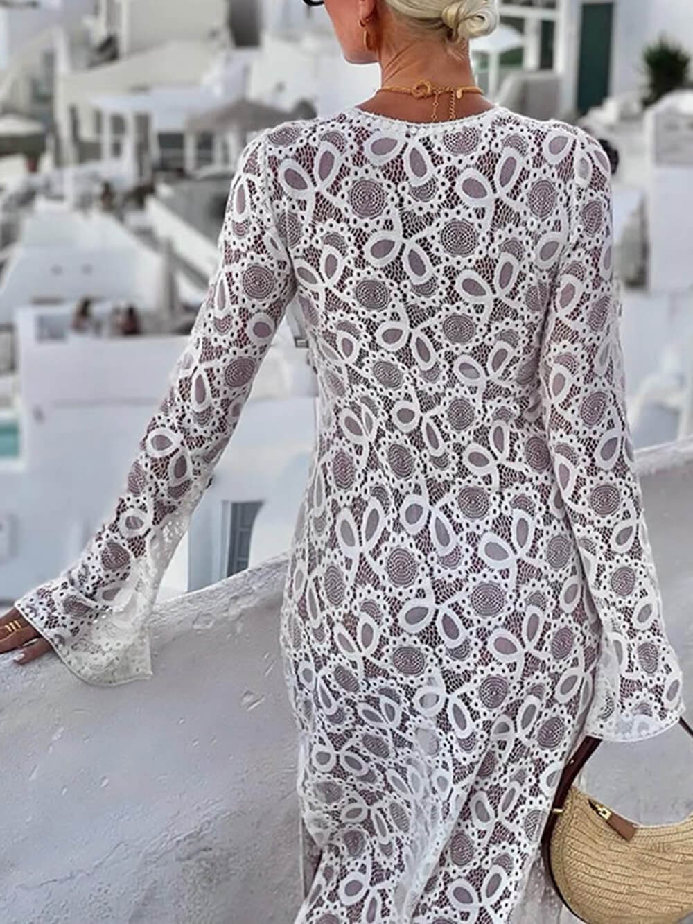 Santorini Sunset Floral Lace Long Sleeve Slit Vacation Maxi Dress