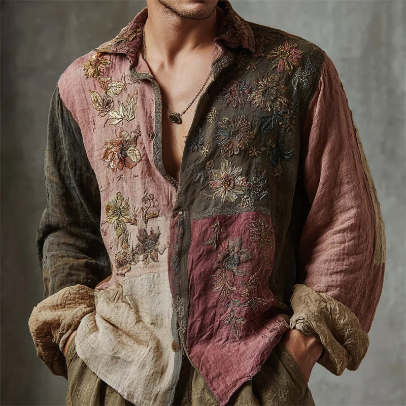 Men's Vintage Boho Floral Embroidered Colorblock Linen Shirt