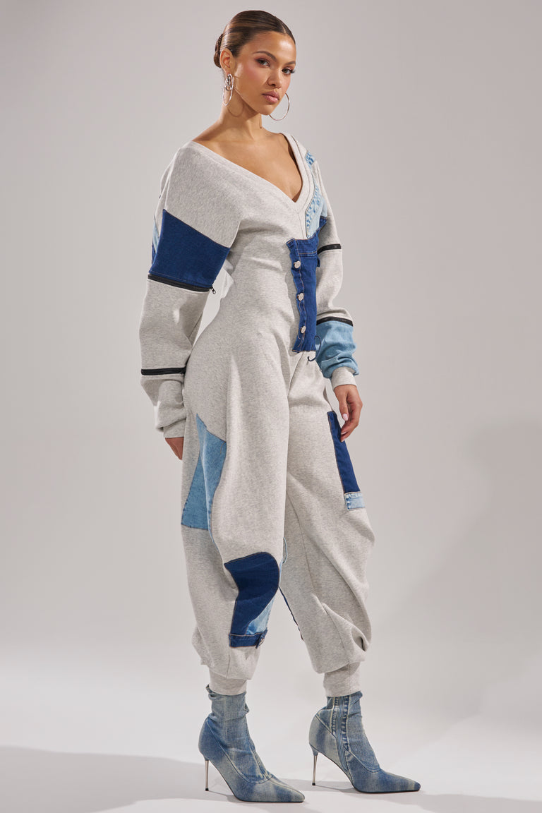 COMFY COZY JUMPSUIT IN DENIM PATCHWORK