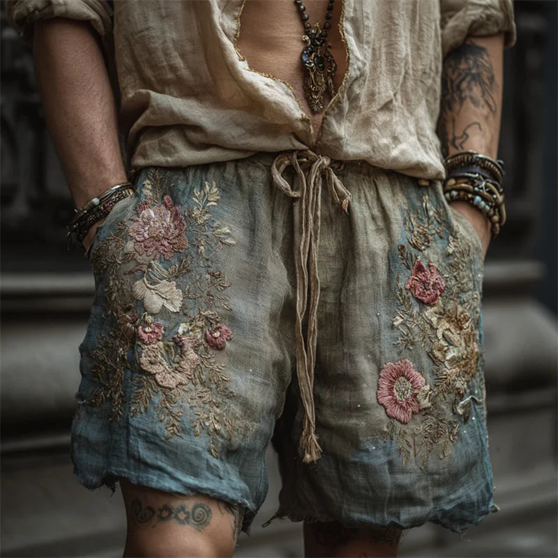 Men's Vintage Boho Floral Embroidered Dyed Linen Shorts