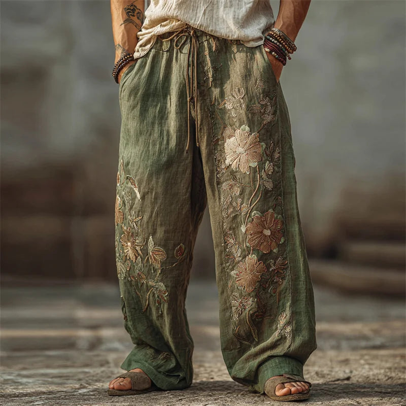 Men's Boho Floral Embroidered Wide Leg Linen Pants