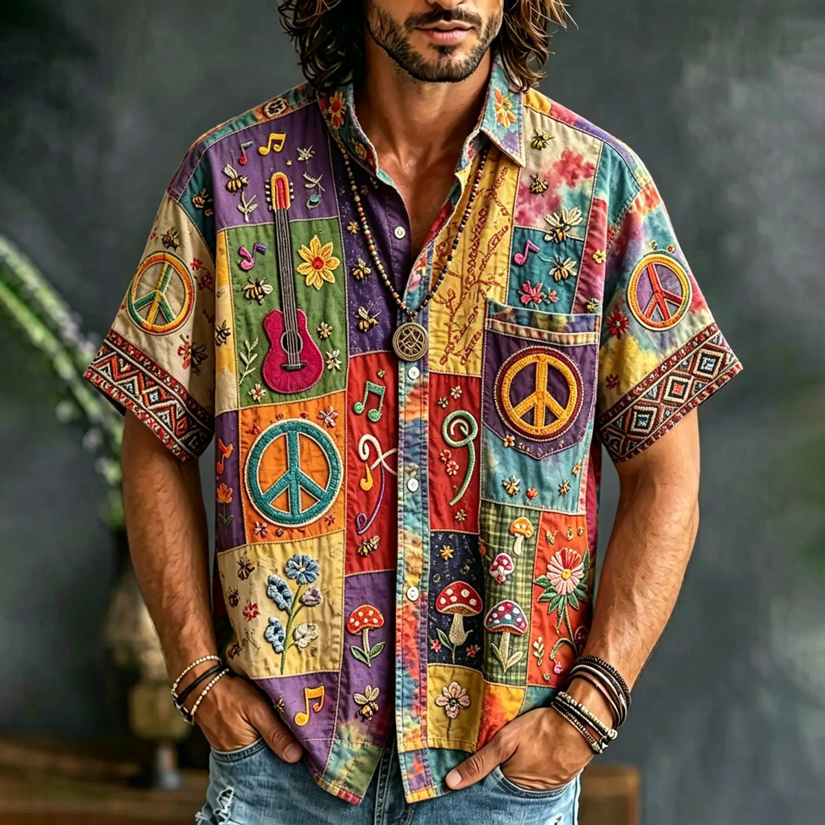 Men's Peace Sign And Guitar Hippie Patchwork Print Casual Shirt
