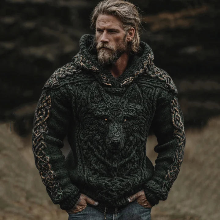 Men's Viking Wolf Celtic Knot Jacquard Knitted Hooded Sweater