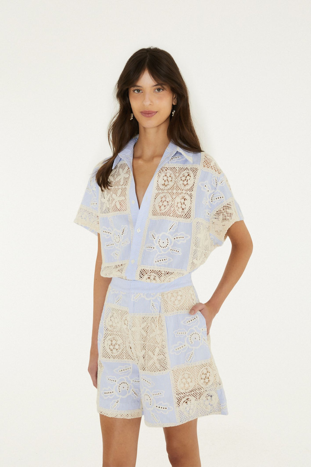 Embroidered Stripe Patch Shirt & Shorts SET