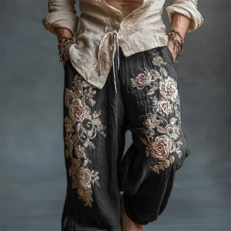 Men's Vintage Roses Embroidered Drawstring Wide Leg Linen Pants