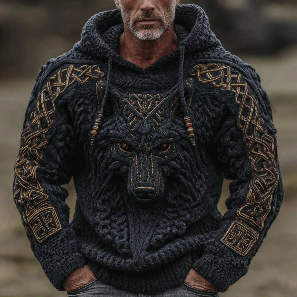 Men's Tribal Viking Wolf Celtic Knot Jacquard Knit Hooded Sweater