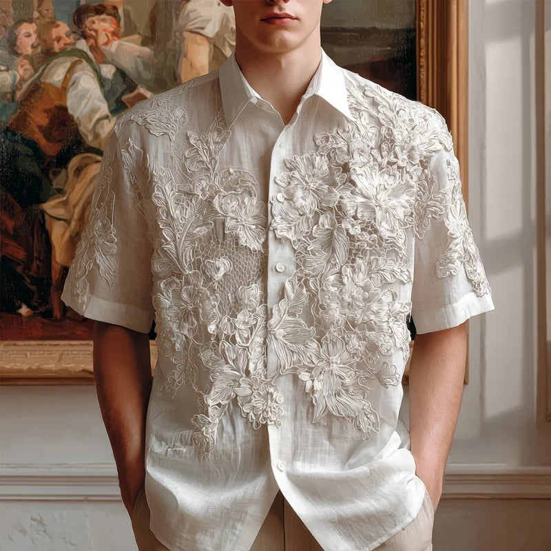 Men's Vintage Floral Lace Embroidered Linen Shirt