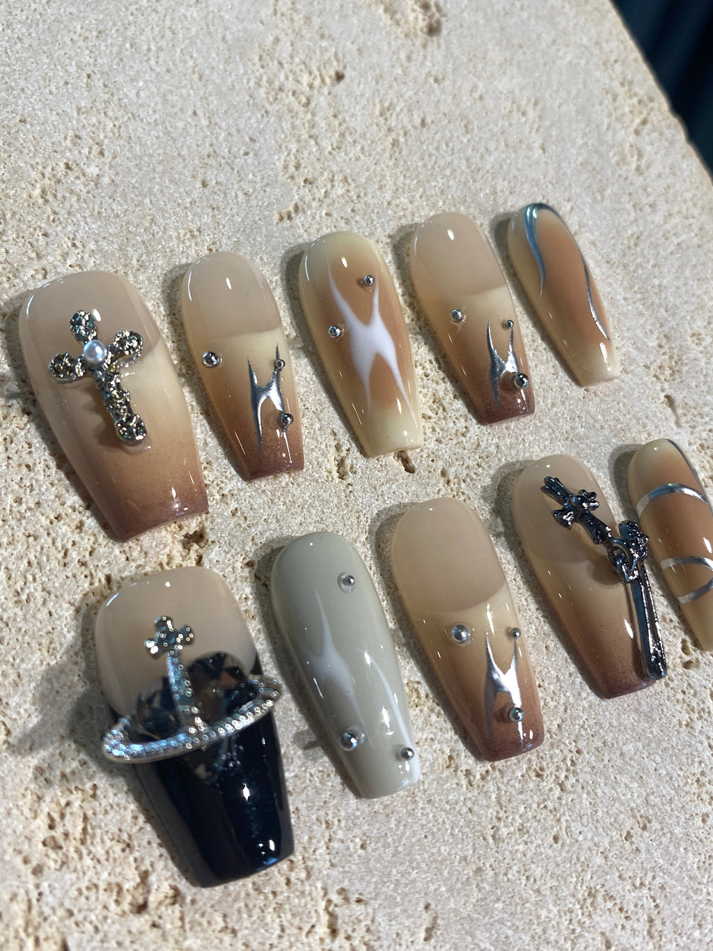 Y2k Beige Cross Press On Nails