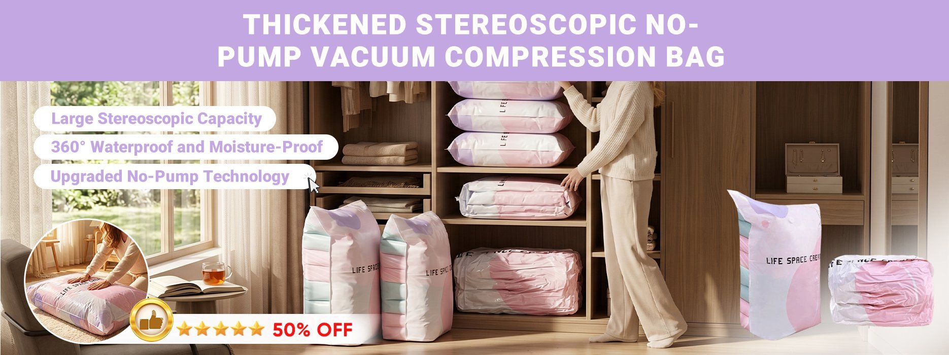 Thickened Stereoscopic No-Pump Vacuum Compression Bag