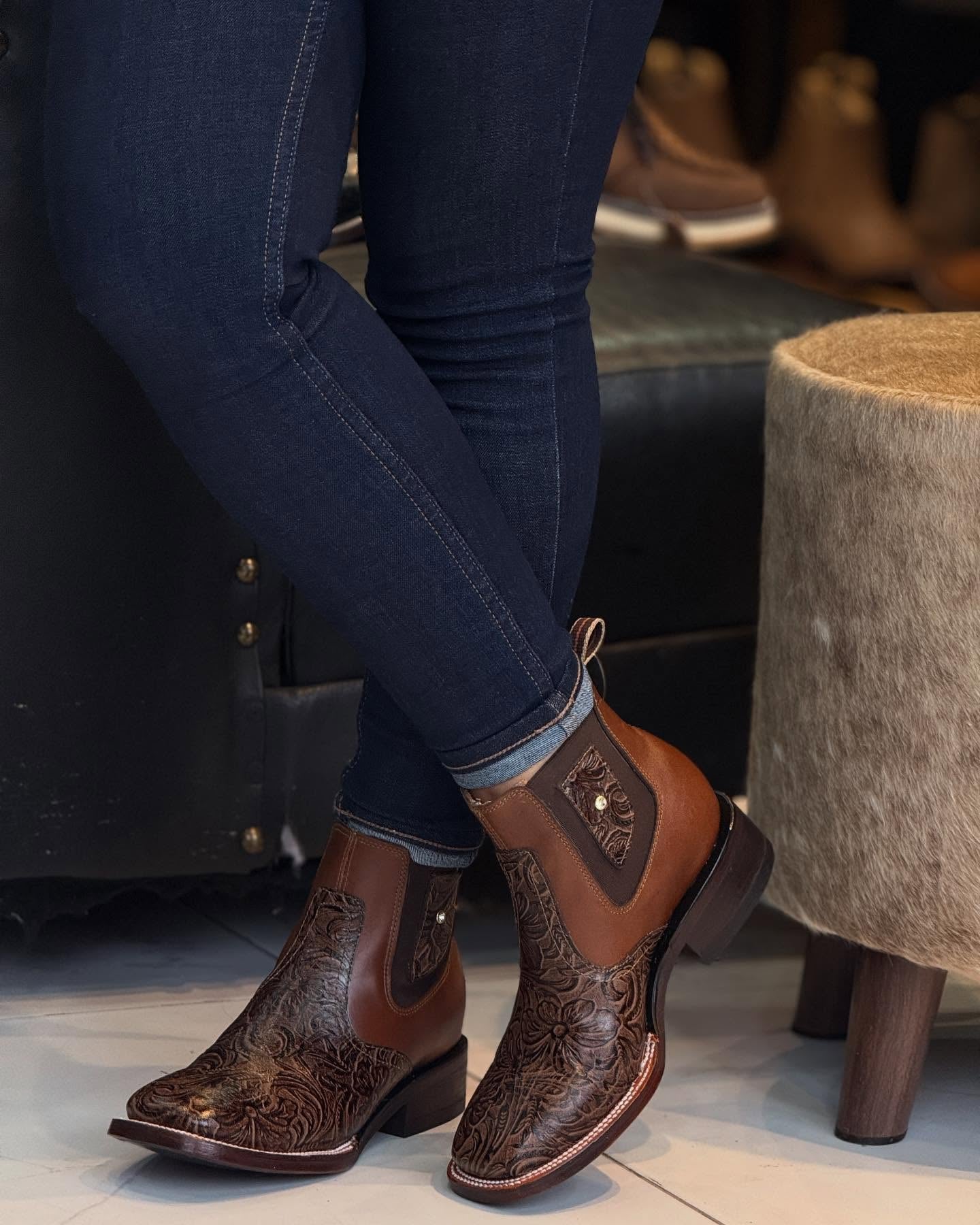 Women's Square Toe Chiseled Leather Ankle Boots Brown