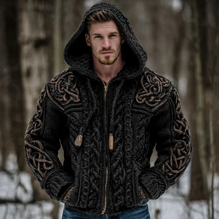 Men's Vintage Viking Celtic Knot Art Chunky Knit Hooded Zip-up Sweater