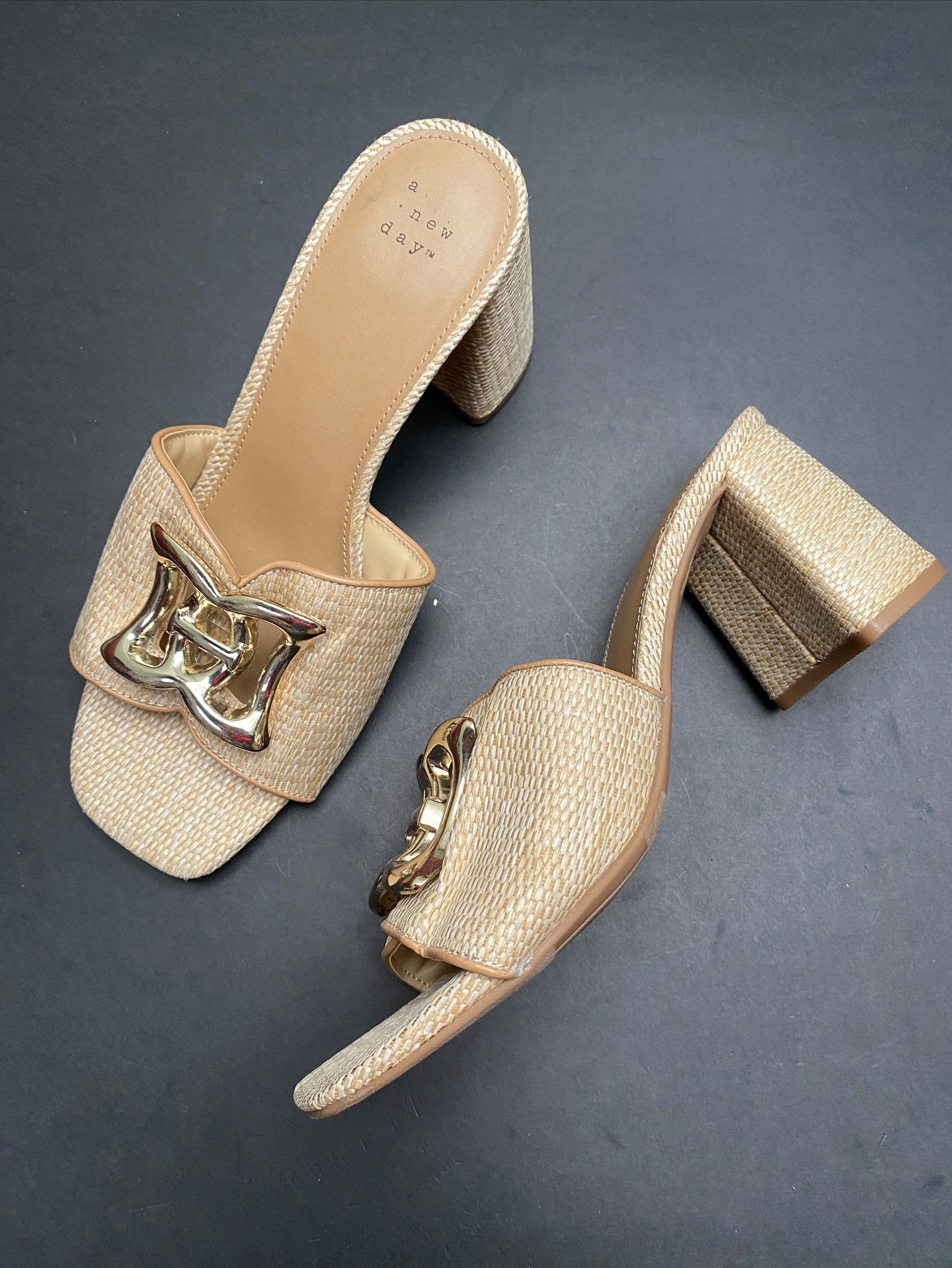 Memory Foam Insole Raffia Ornamented Block Heels