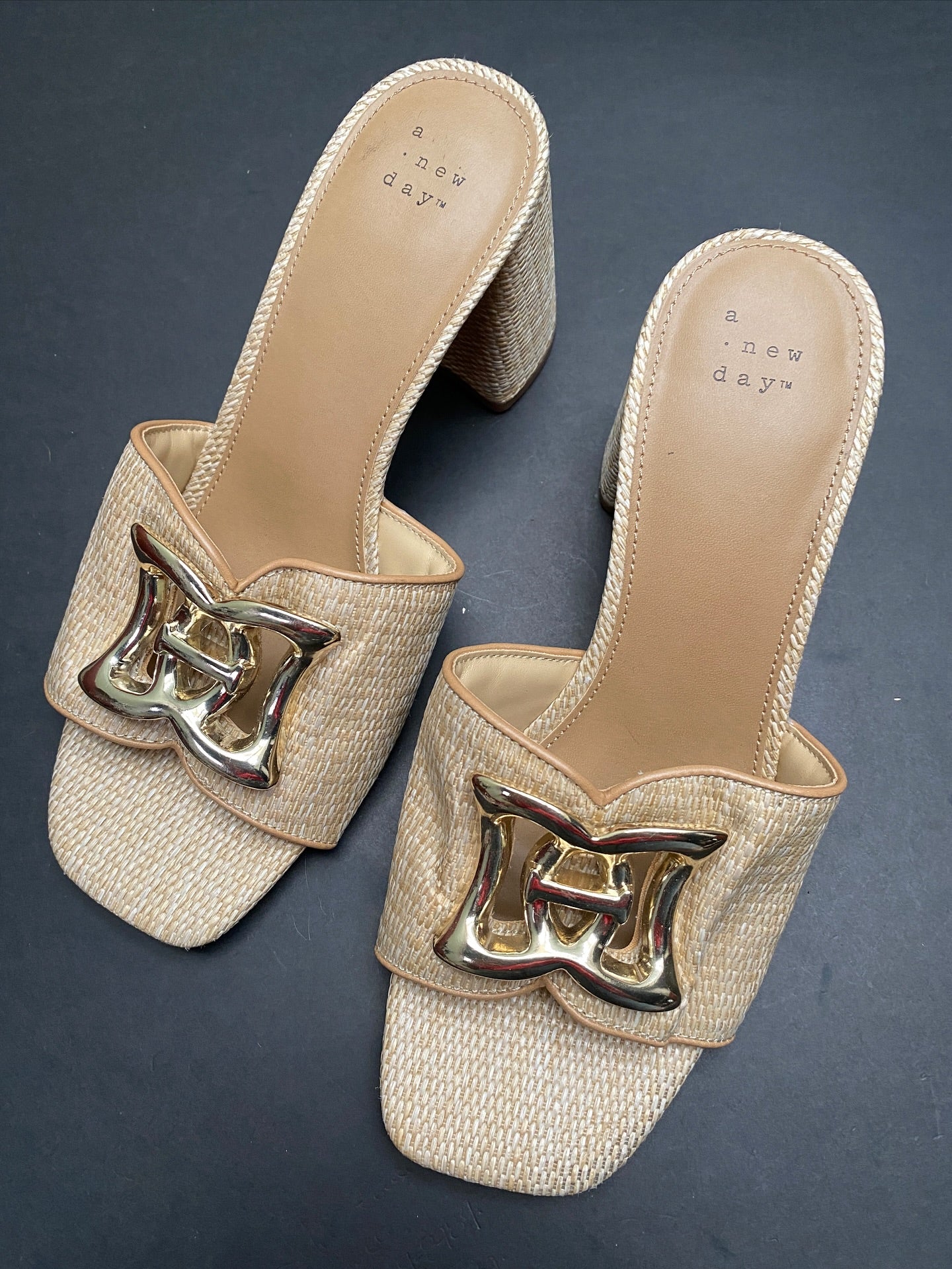 Memory Foam Insole Raffia Ornamented Block Heels