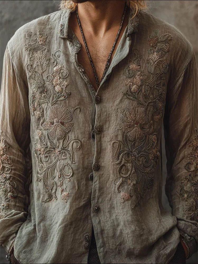 Men's Vintage Boho Floral Embroidered Natural Dyed Linen Shirt