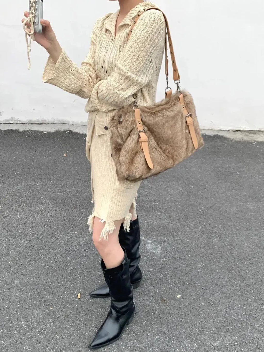 Studded Fluffy Tote Bag