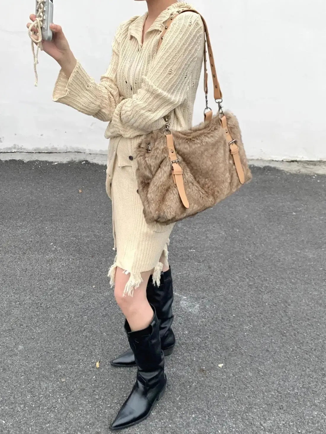 Studded Fluffy Tote Bag