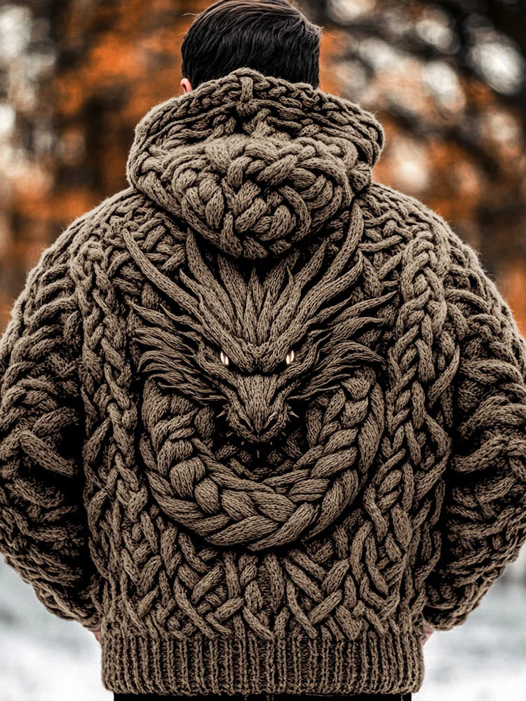 Men's Viking Dragon Style Celtic Thick Zip Hooded Sweater