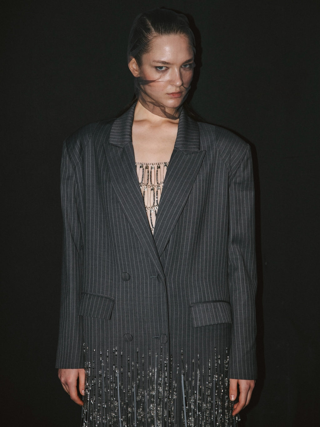 Mirrored tassels and glass bead fringes elongated coat