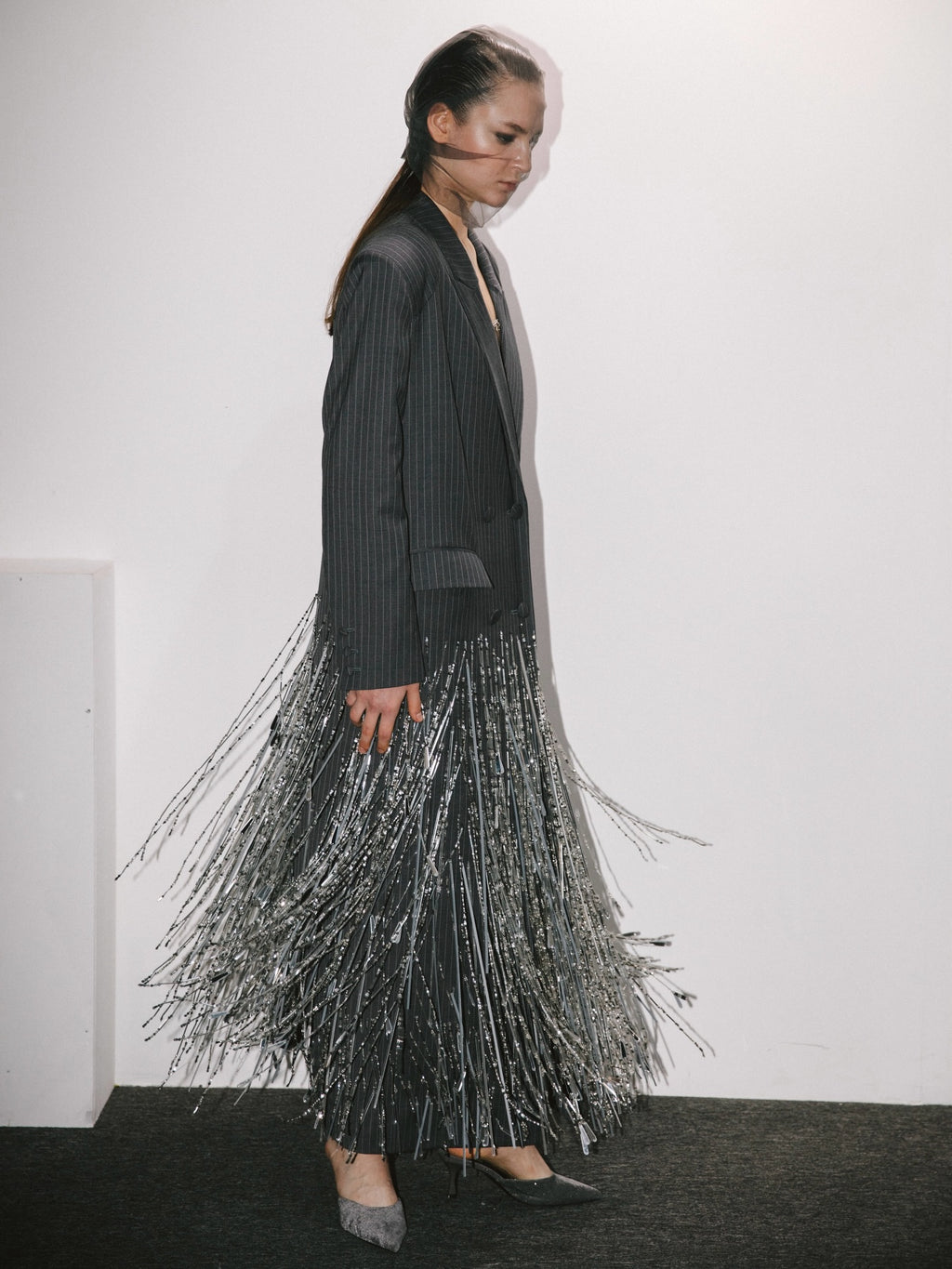 Mirrored tassels and glass bead fringes elongated coat
